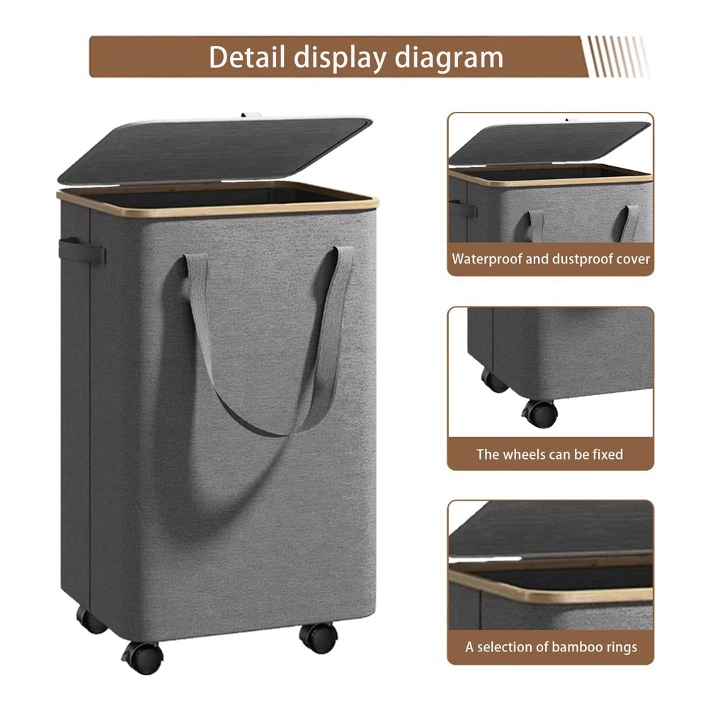 Large Laundry Basket with Wheels - 100L Rolling Hamper 100L, Grey