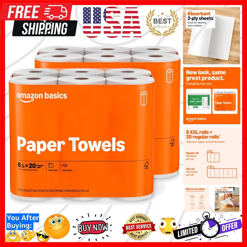 2-Ply Flex-Sheets Paper Towels, 12 Basics Rolls = 40 Regular Rolls, Everyday ...