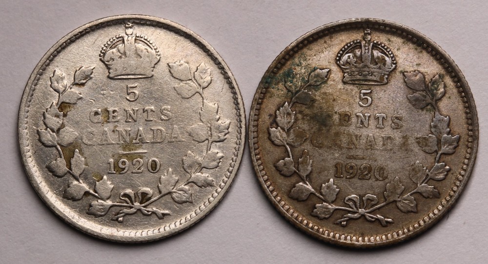1920 Canada 5 Cent Silver Coins (2)  George V  KM# 22