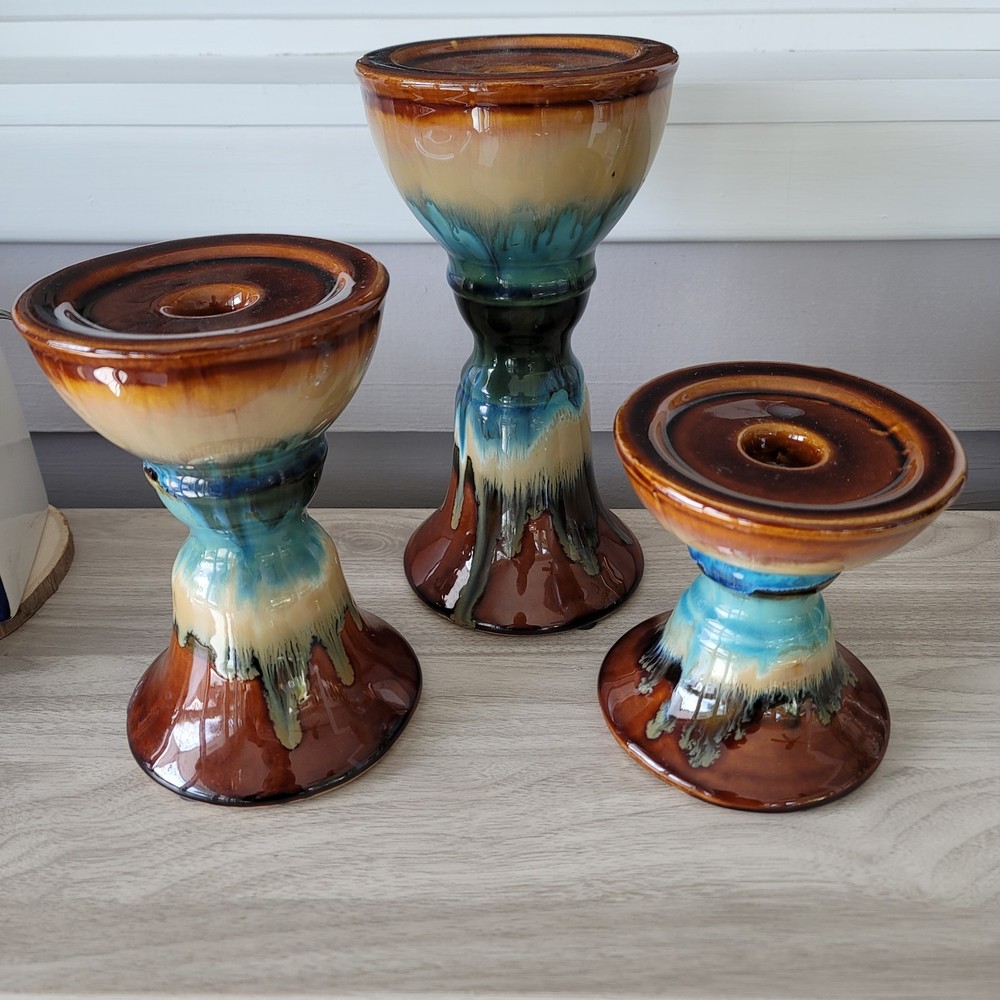 Glazed Pottery Candle Holders Set Of 3