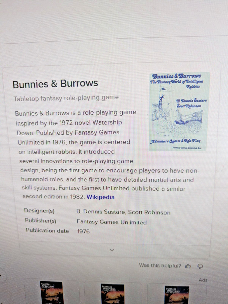 FGU RPG Bunnies & Burrows (1st Ed) 1976 Good