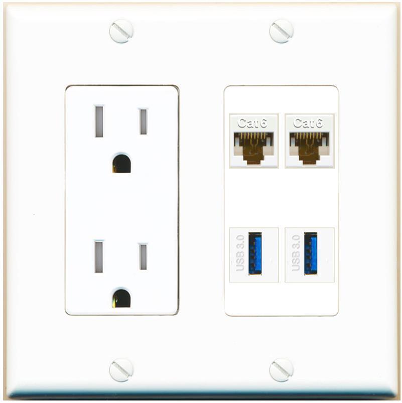 [4 Ports] 2 Cat6 2 USB3 Wall Plate - Tamper-Resistant [White/White]