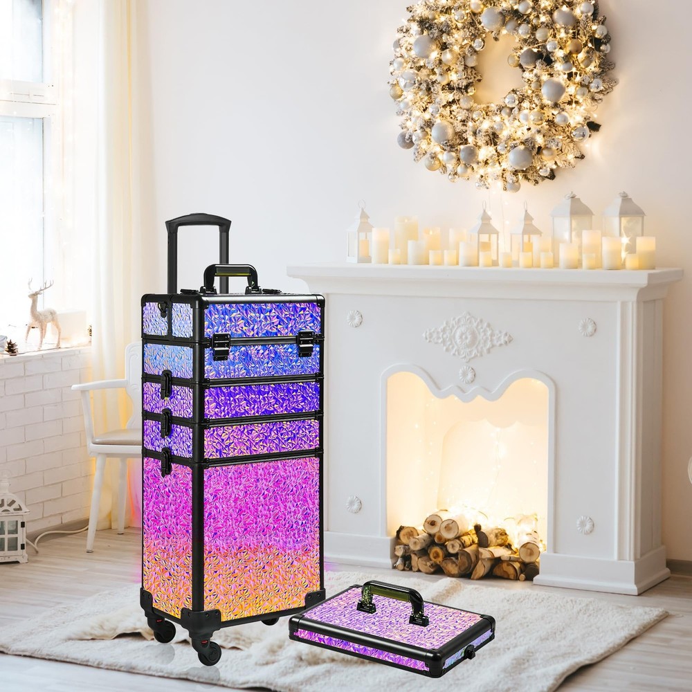 Rolling Makeup Case, Makeup Train Case with Lid, 5 in 1 Cosmetology Case on W...