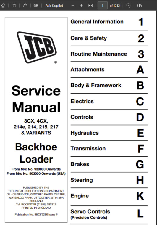 214E JCB Backhoe Loader Service Repair WorkShop Manual PDF on USB