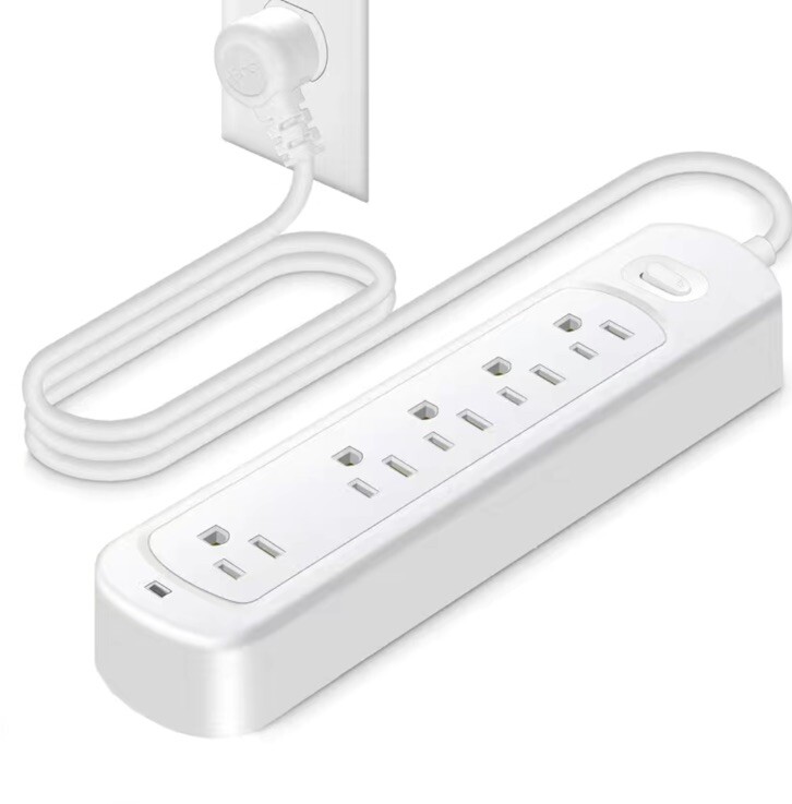5 AC POWER OUTLET EXTENDER SURGE OVERLOAD PROTECTOR WHITE FLAT PLUG WITH SWITCH