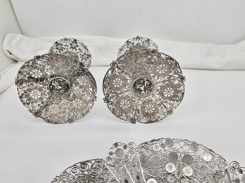 ANTIQUE CHINESE EXPORT SPUN STERLING SILVER CANDY DISH & CANDLESTICKS SET