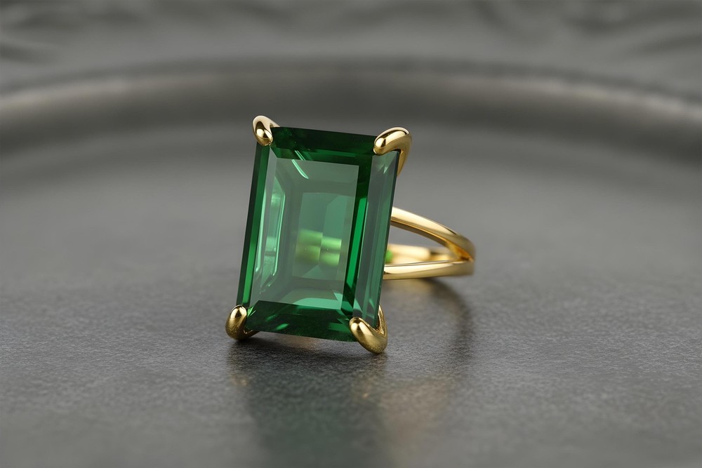Emerald Gemstone Ring Anemone 14k Gold Rectangle Cut Double Band