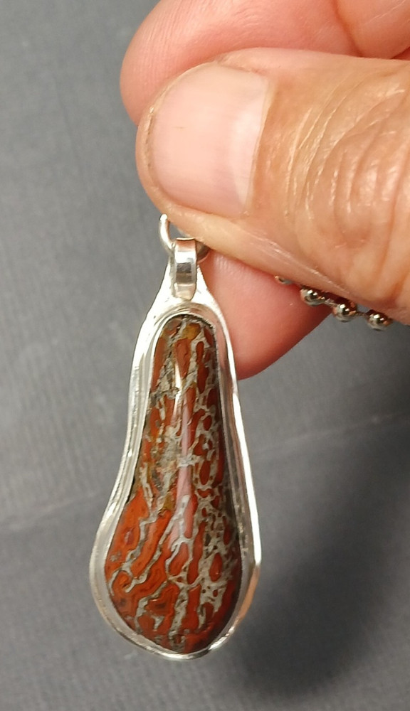 Dinosaur Bone Cabochon - Red Cells - Set in Sterling Silver