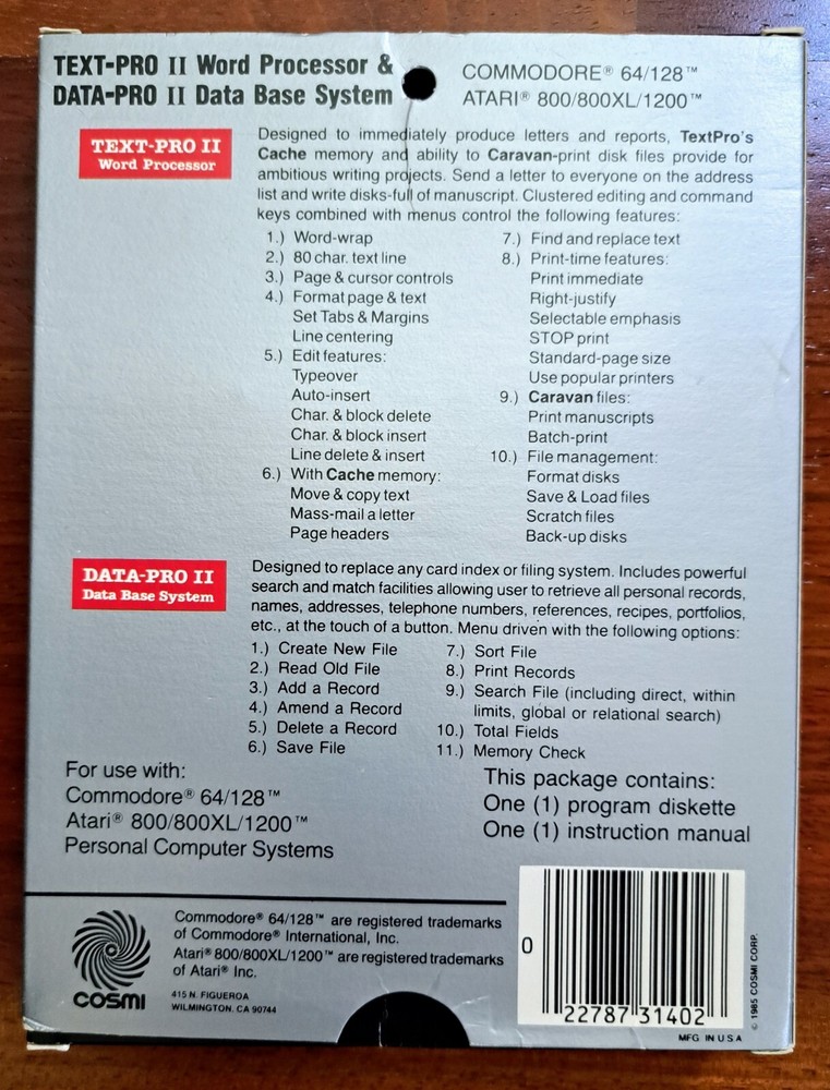 Text-Pro II & Data-Pro II, Cosmi, Database & Word Processor, Commodore & Atari