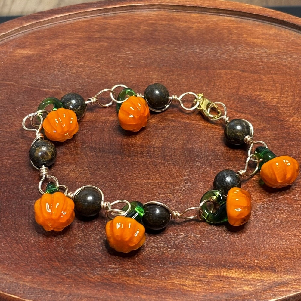 Pumpkin Beaded Bracelet, Artisan Handmade Wire Links