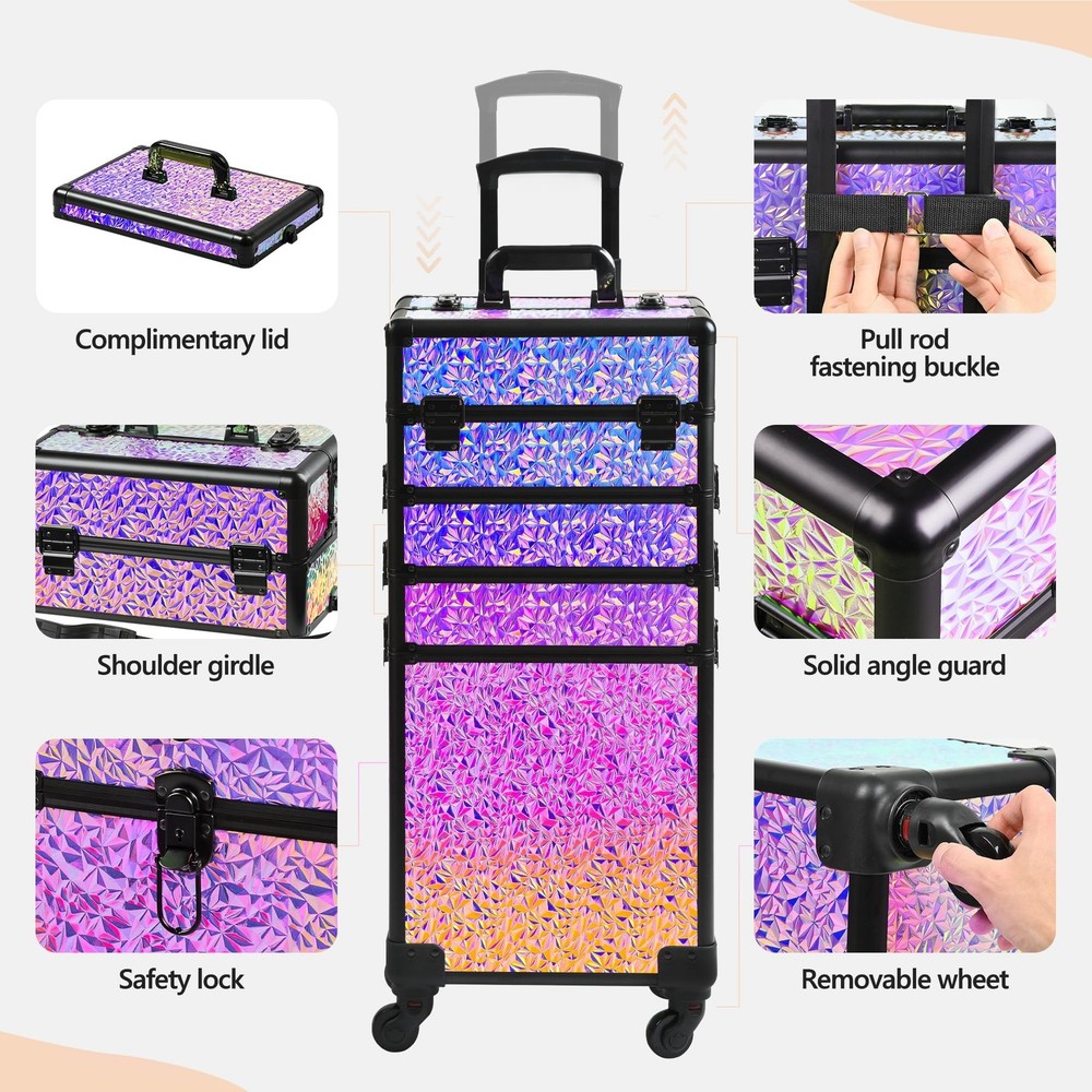 Rolling Makeup Case, Makeup Train Case with Lid, 5 in 1 Cosmetology Case on W...