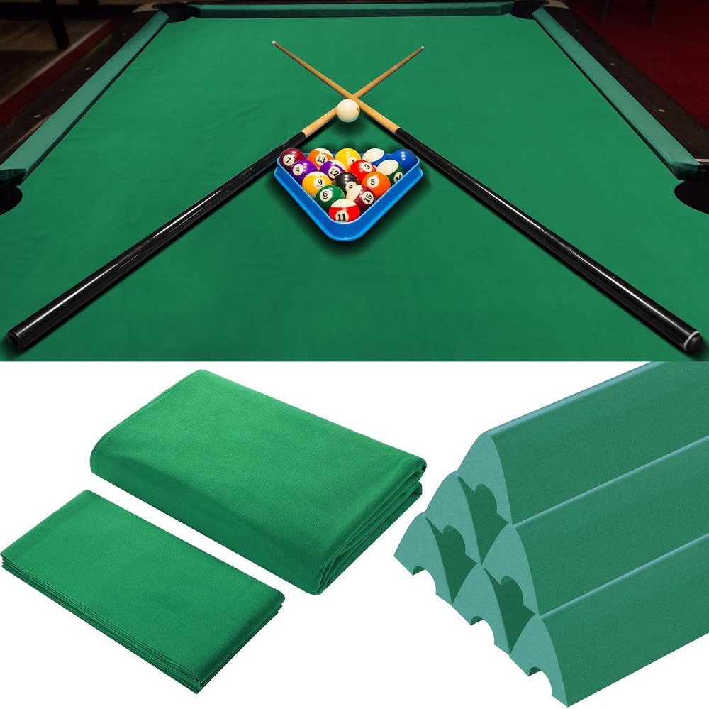 Complete Pool Table Replacement Felt with 6 Strips & Rubber Bumpers - Green