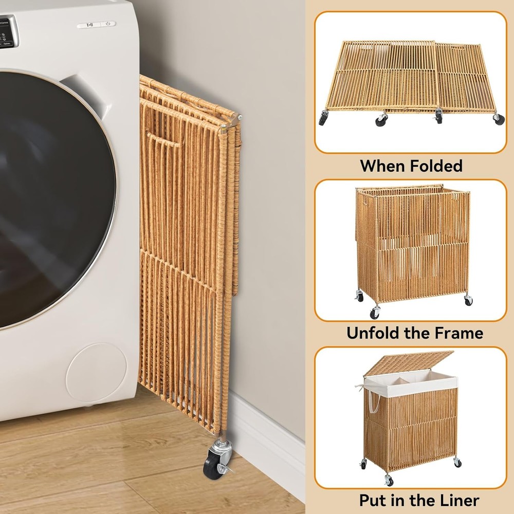 Handwoven Rolling Laundry Basket with Lid, with Divided Removable Liner Bag