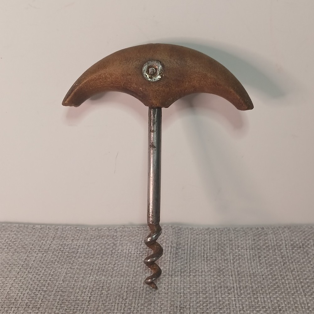 Vintage Antique Corkscrew. Crescent Shaped Wooden Handle