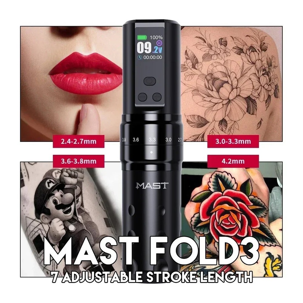 Mast Fold 2 PRO Wireless Tattoo Machine Pen Kit Adjustable 7 Stroke Color Screen