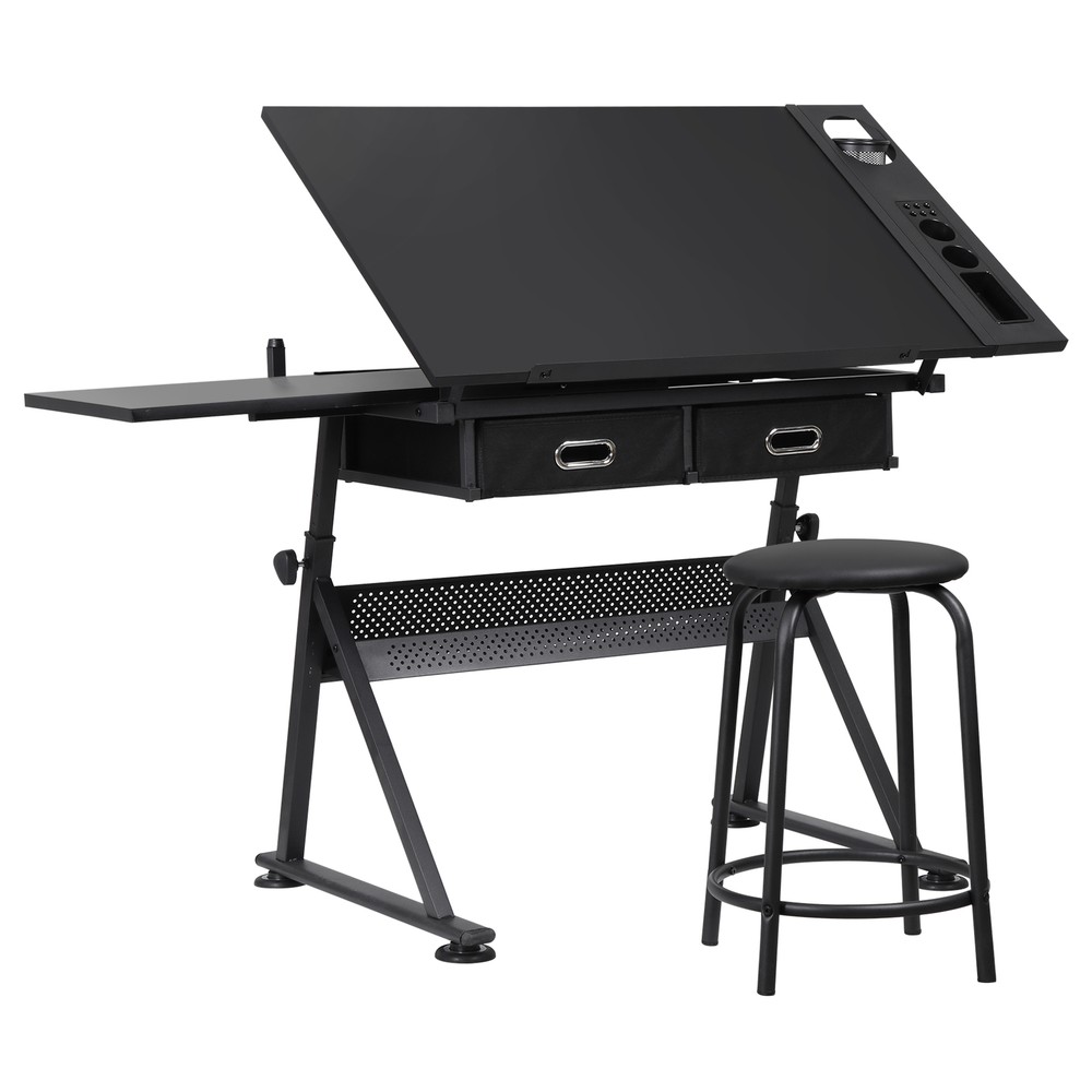 Drafting Table Drawing Desk Workstation Adjustable Tabletop w/Stool & 2 Drawers