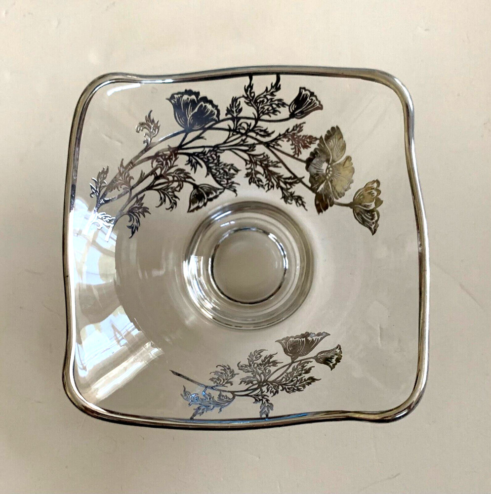 SILVER OVERLAY GLASS CANDY DISH VINTAGE