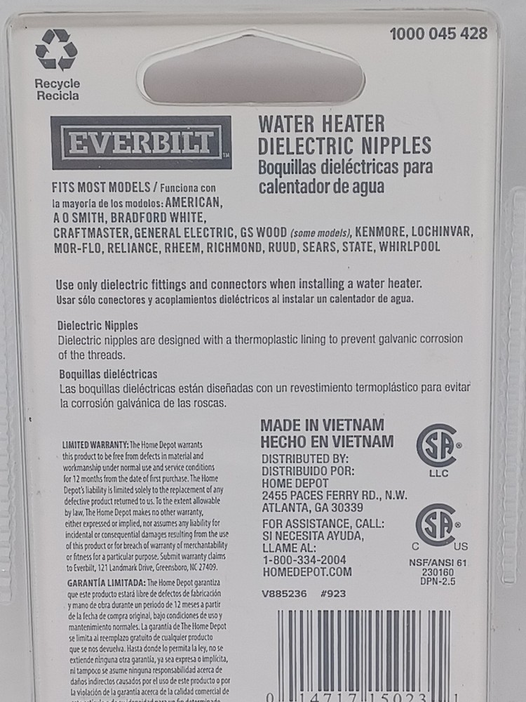 2 - Everbilt Water Heater Dielectric Nipple 3/4"