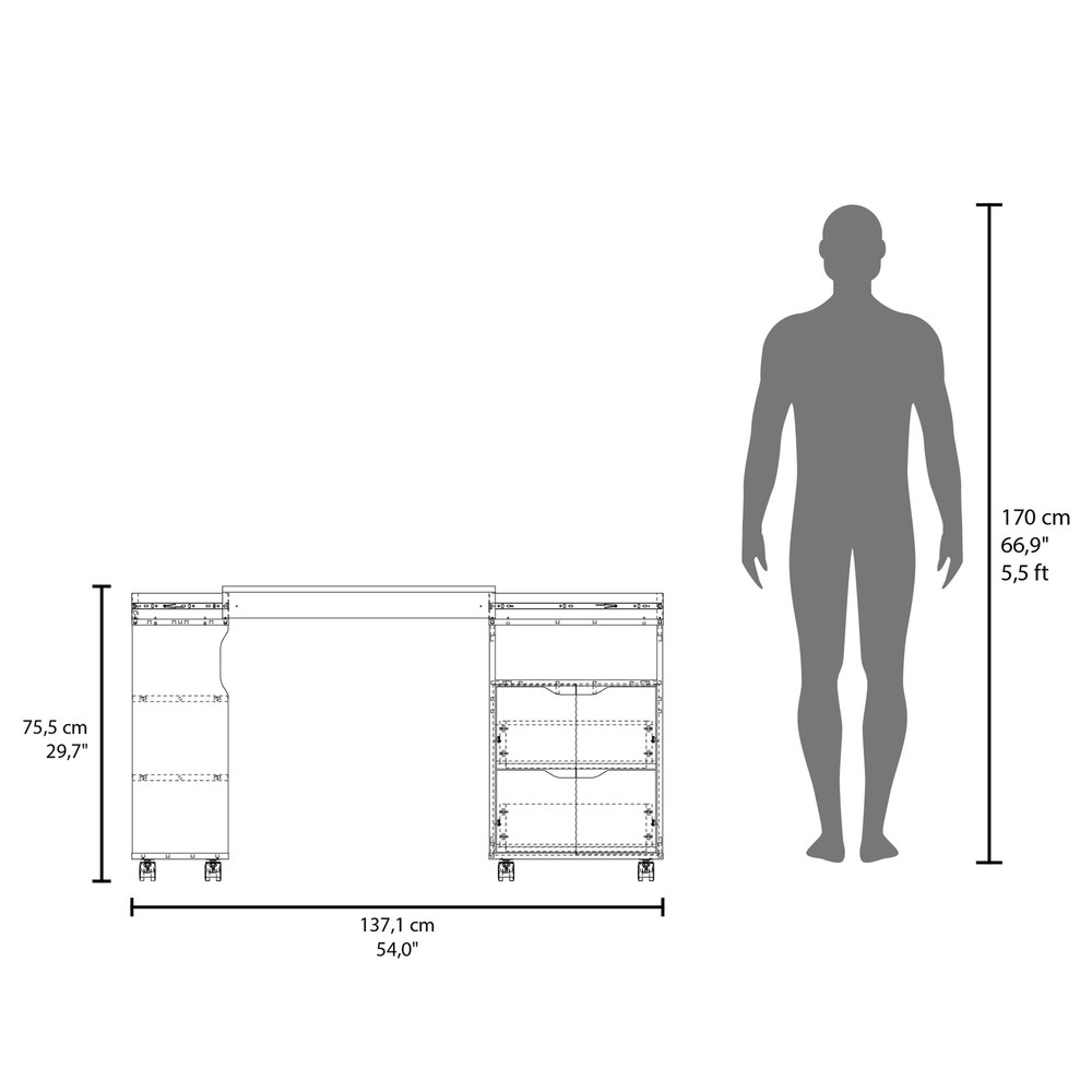 Extendable Desk with 2 Drawers and 4 Shelves, Rolling Computer Desk