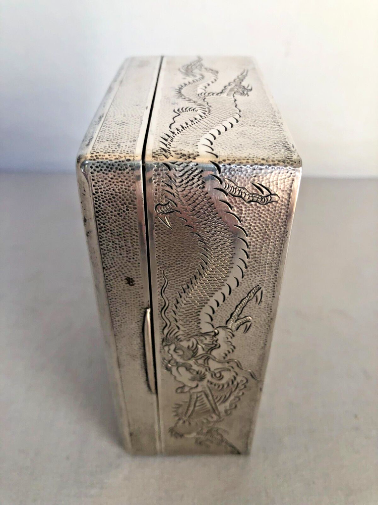 Antique Signed Chinese Sterling Silver Hand Engraved with Dragons Hinged Box.