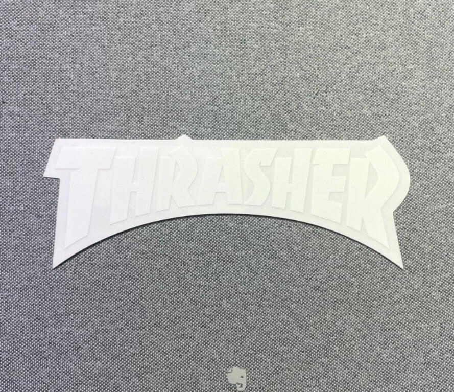 Thrasher Logo Skateboard sticker white on clear 5.5"
