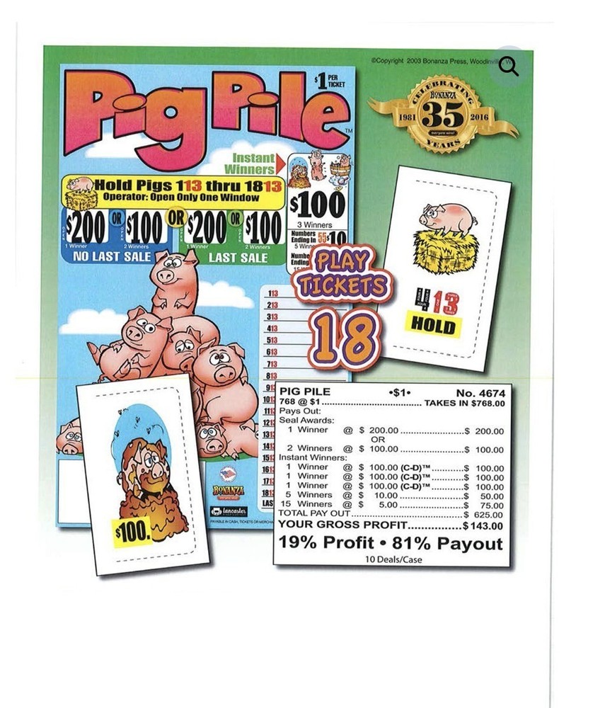 Pull Tab - Hard Card - Tickets Game - Holder - Pig Pile 768 ct
