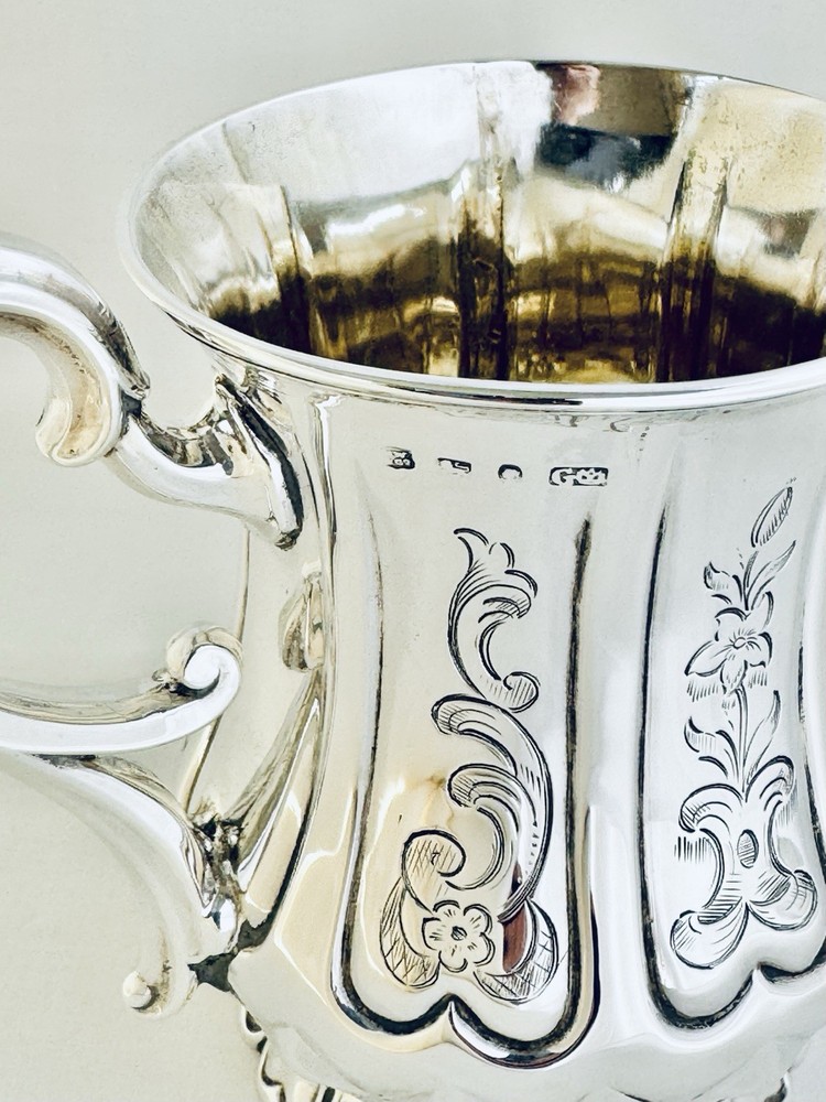 Antique Victorian Solid Sterling Silver Mug Scroll Handle Sheffield 1850