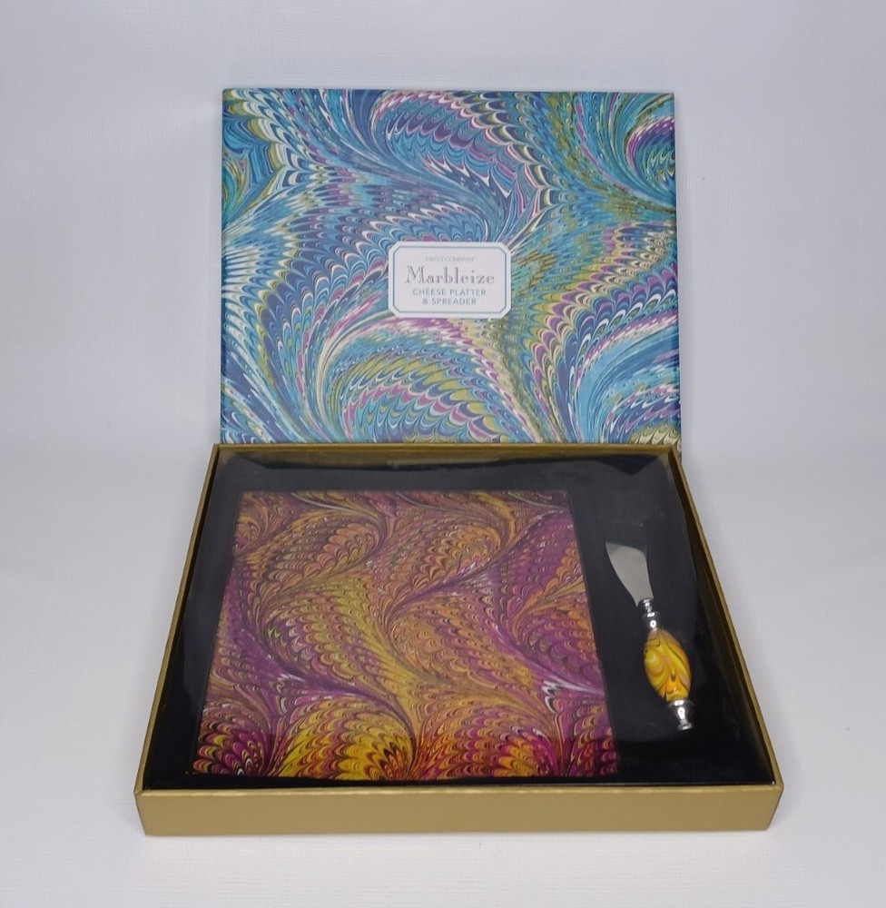 Two's Company Marbled Cheese Platter And Spreader Set Marbleize Pattern