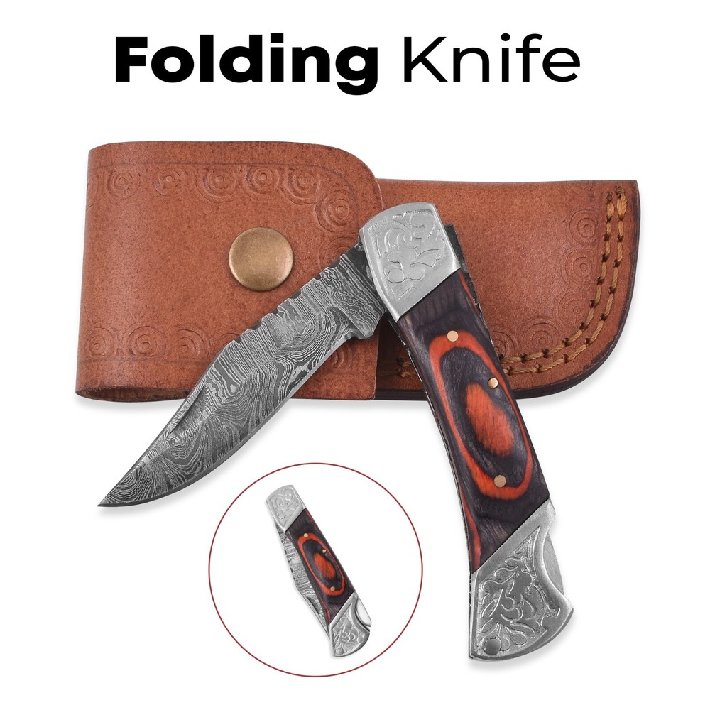 Handmade Damascus Folding Pocket Knife With Small Defects 7" tool with Pouch