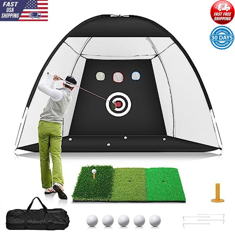 Portable Golf Hitting Net Set W/ Tri-Turf Mat Easy Assembly Practice Anywhere!