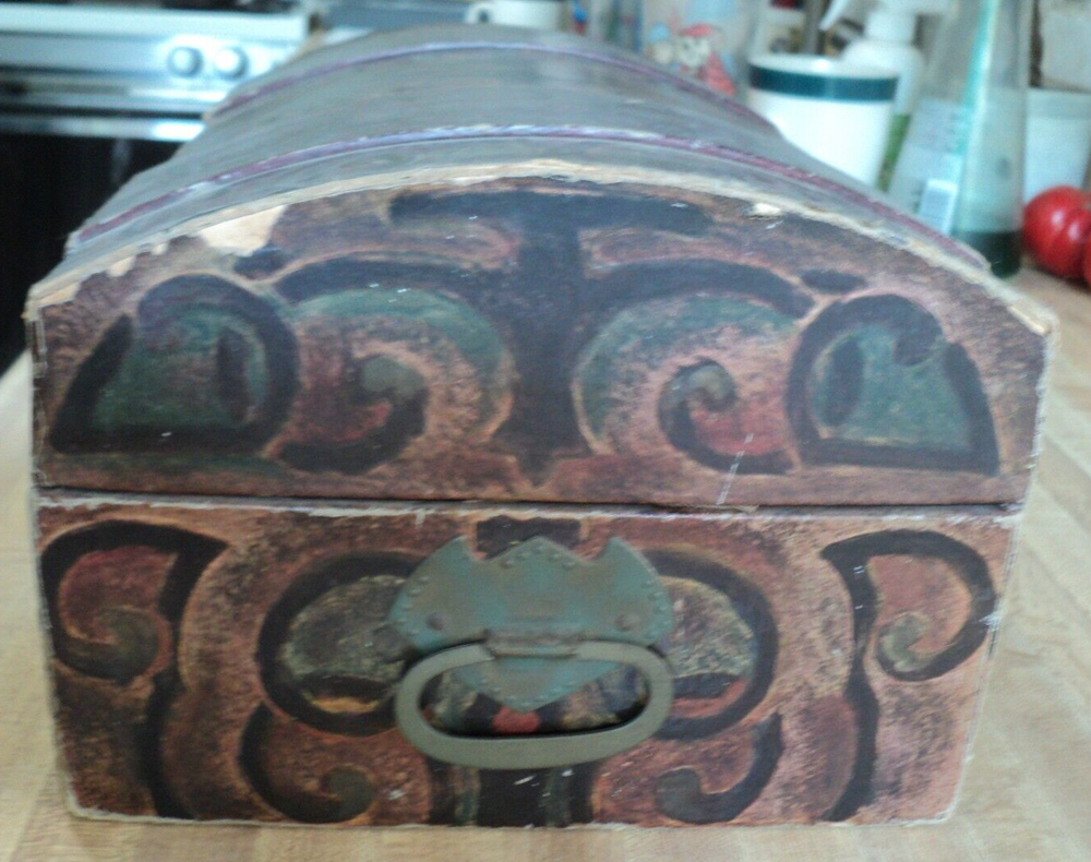 Vintage Beautiful Sewing Knitting Box Embossed Paper Covered Map Inside Lid