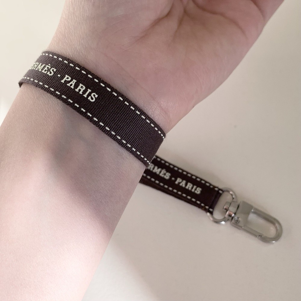 Hermes Ribbon Wristlet Strap Key Holder Silver Hardware