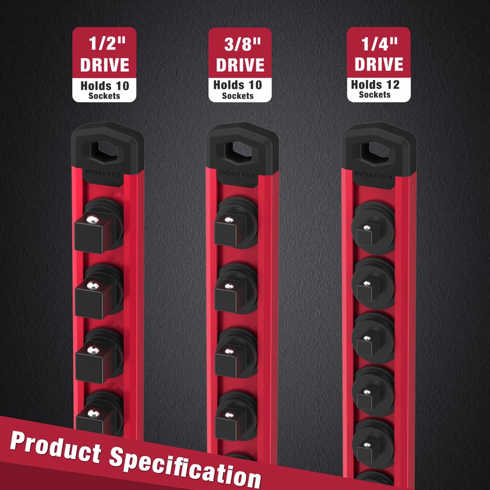 WORKPRO 1/2-InchDrive Magnetic Socket Organizer Aluminum Alloy Socket Rail (Red)