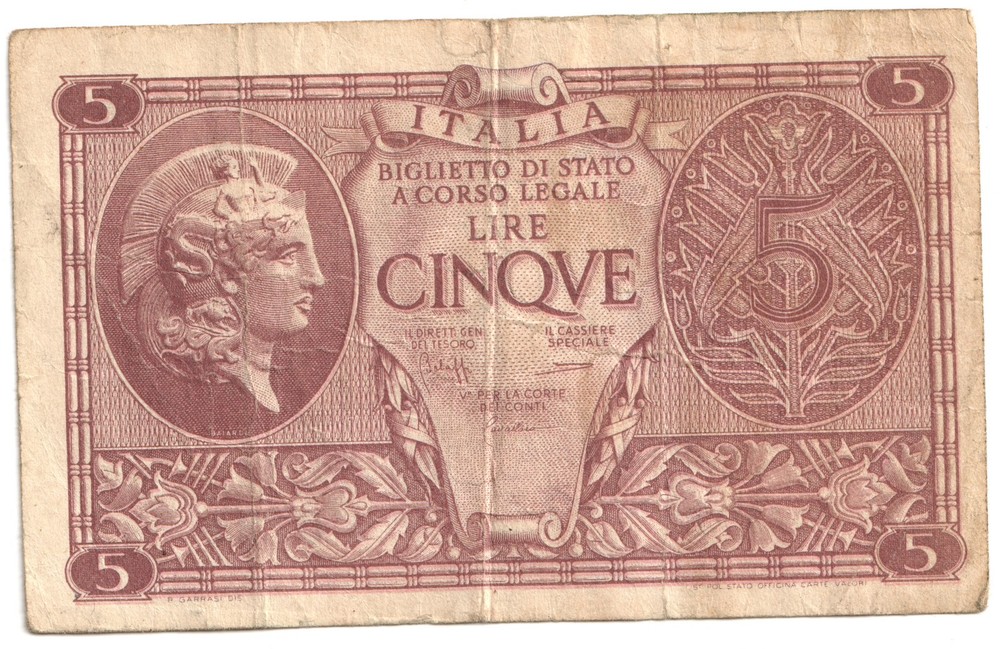 Italy 5 Lire State Note R.D.L. 1935 / 1944 brown