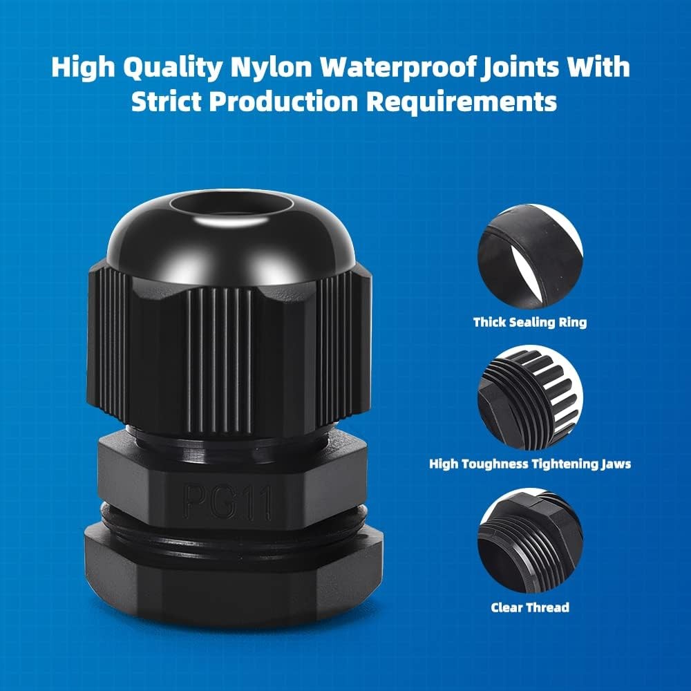 Cable Gland 20 Pack Plastic Waterproof Adjustable PG11(20-pack), Black