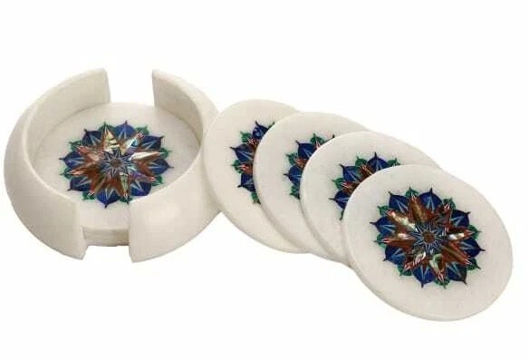 Round Marble Tea Coaster Set Gemstone Inlay Work Dinner Table Decor Coaster Set