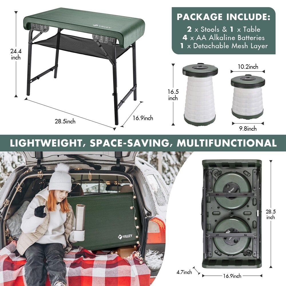VILLEY Portable Table Stools Set 2.37ft Folding Camping Table Collapsible Stools