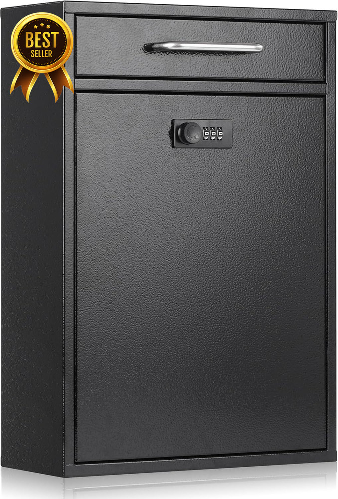 Wall Mount Locking Mailbox Combination Security Key Drop Box XL Black