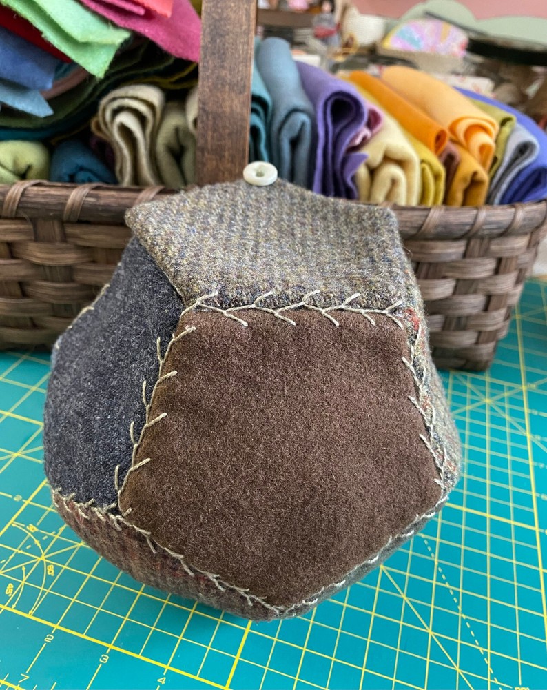 Primitive Wool Sewing Box - Hand Pieced Pentagon Shapes