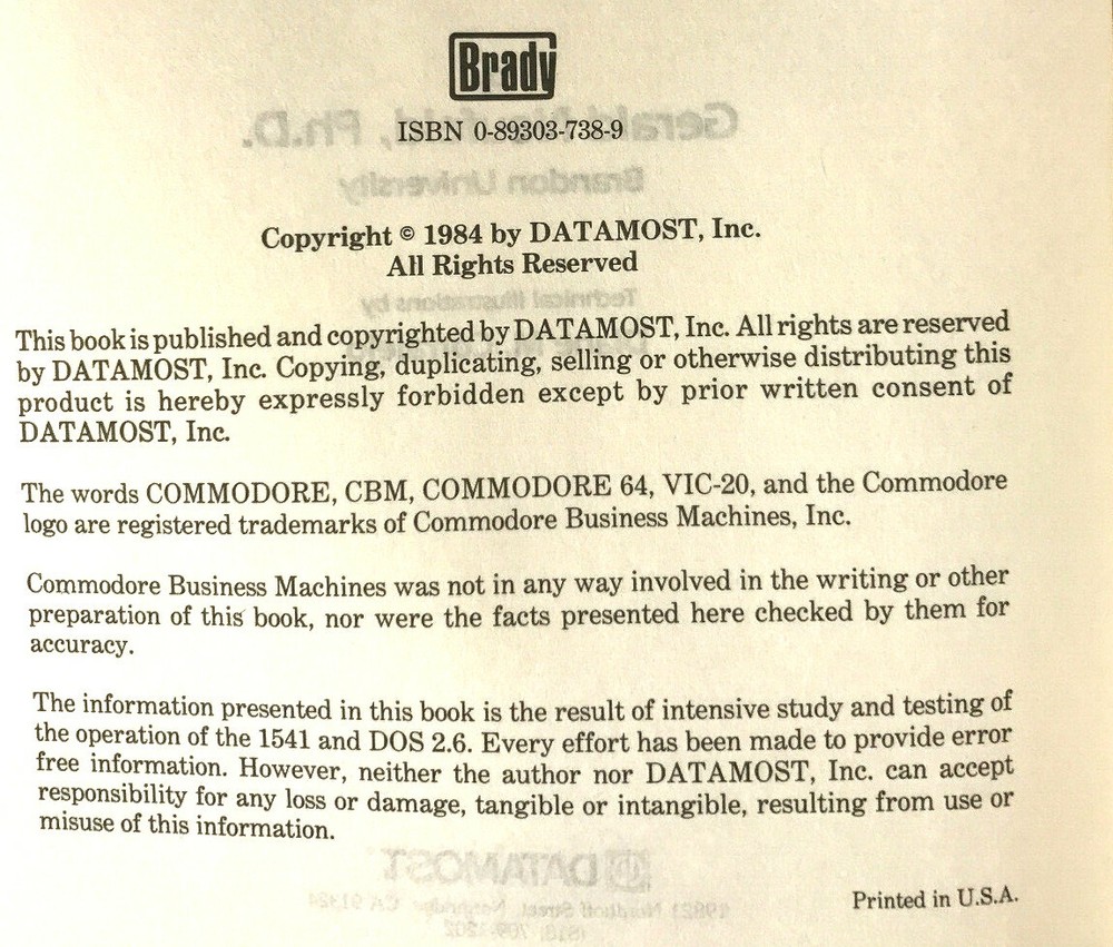 1541 User's Guide by Dr. G. Neufeld Commodore Disk Drive Brady/DATAMOST 1984