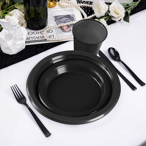 Plastic Plates,Disposable Plates Set,Disposable Plastic Dinnerware Serve Black
