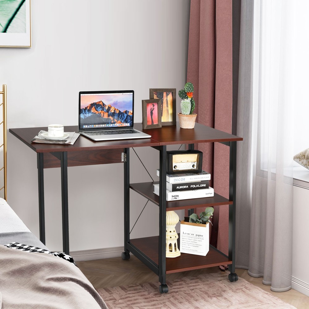 Topbuy Mobile Computer Desk Folding Writing Table w/Wheels & Storage Shelf