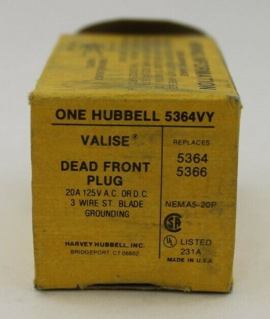 Hubbell 5364VY Dead Front Plug NEMA 5-20P