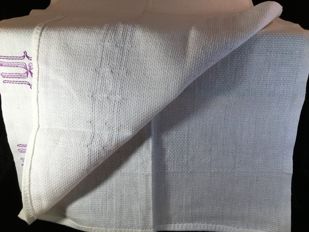 White Table Runner w/Purple Embrodery on Both Ends 48" x 15"