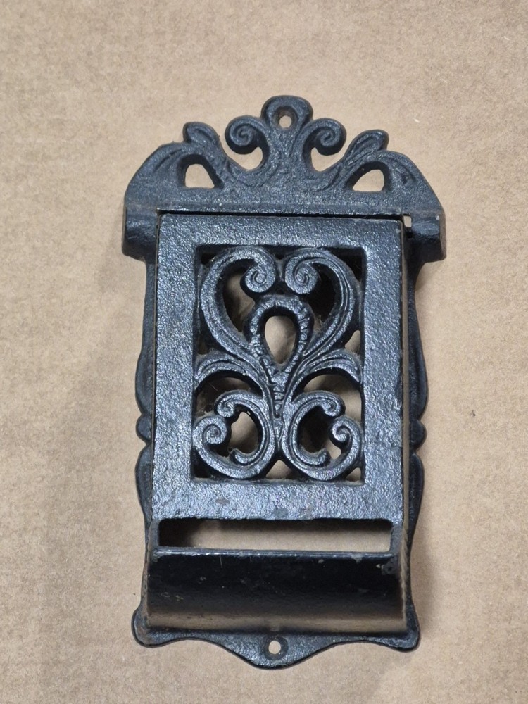 Vintage Cast Iron Wall Match Holder Black Ornate Scroll Design Kitchen Decor