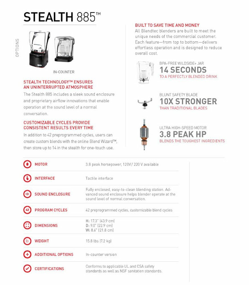 Blendtec Stealth 885 Commercial Blender with 2 Wildside+ Jars (On-Counter)