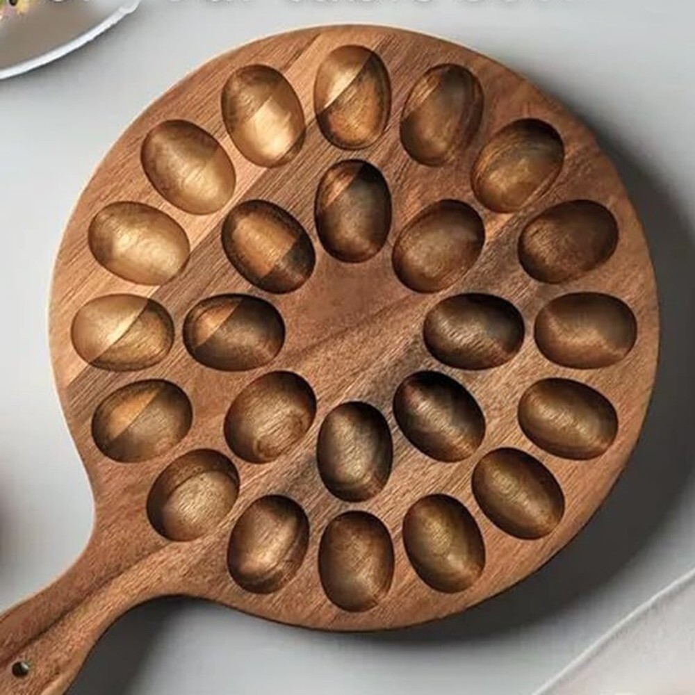 Egg Platter Storage Tray Round Wooden Plate with Handle 24 Deviled Egg Holder
