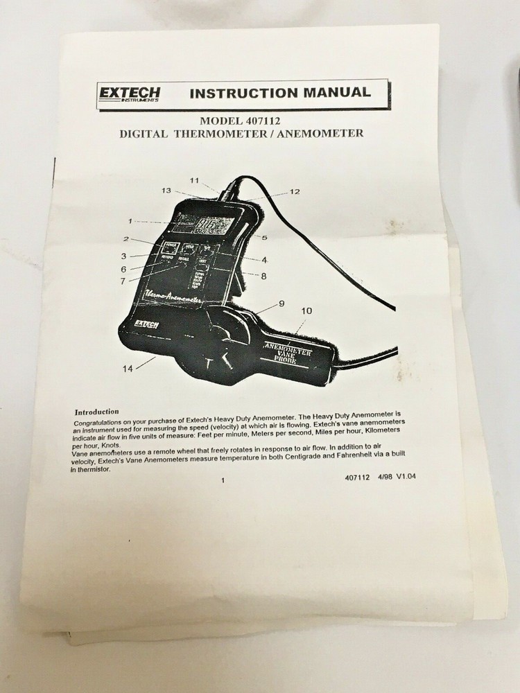 Extech CFM/CMM THERMO-ANEMOMETER Case, Manual, Probe