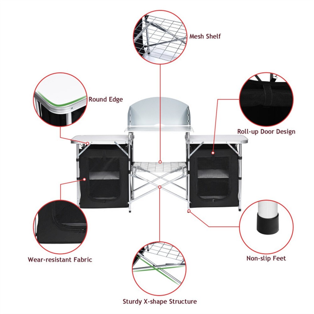 Foldable Camping Kitchen with 2-sided Windshield Pockets
