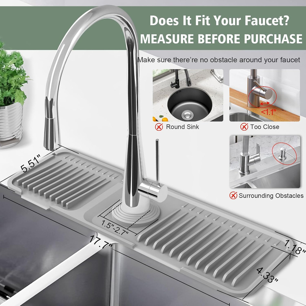 17.7-Inch Kitchen Sink Splash Guard Mat | 7° Slope for Fast Self-Draining | Snap